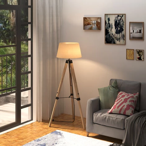 HOMCOM Lampadaire Trépied Hauteur Réglable 65 X 65 X 99-143 Cm Lampe De Sol 40 W Bois Style Nordique Beige 5 HOMCOM Lampadaire Trépied Hauteur Réglable 65 X 65 X 99-143 Cm Lampe De Sol 40 W Bois Style Nordique Beige – Image 4