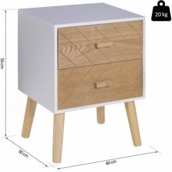 HOMCOM Chevet Table De Nuit Design Scandinave 40L X 30l X 56H Cm 2 Tiroirs Bois Massif Pin MDF Blanc Et Hêtre Motif Graphique -France HOMCOM Soldes 2022 25007825 3