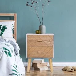 HOMCOM Chevet Table De Nuit Design Scandinave 40L X 30l X 56H Cm 2 Tiroirs Bois Massif Pin MDF Blanc Et Hêtre Motif Graphique -France HOMCOM Soldes 2022 25007825 4