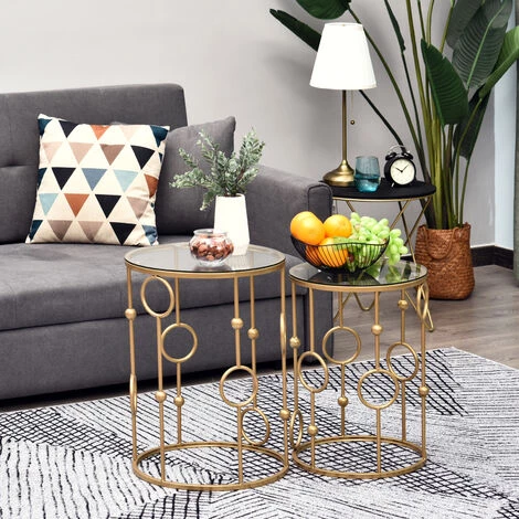 HOMCOM Tables Gigognes Lot De 2 Tables Basses Rondes Design Style Art Déco Ø 41 Et Ø 36 Cm Métal Doré Verre Trempé 5 Mm 4 HOMCOM Tables Gigognes Lot De 2 Tables Basses Rondes Design Style Art Déco Ø 41 Et Ø 36 Cm Métal Doré Verre Trempé 5 Mm – Image 2