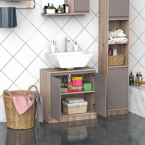 HOMCOM Meuble Salle De Bain - Meuble Sous-vasque - Placard 2 Portes Avec étagère - Dim. 60L X 30l X 59H Cm - Panneaux Particules Chêne Clair Gris 4 HOMCOM Meuble Salle De Bain - Meuble Sous-vasque - Placard 2 Portes Avec étagère - Dim. 60L X 30l X 59H Cm - Panneaux Particules Chêne Clair Gris – Image 2