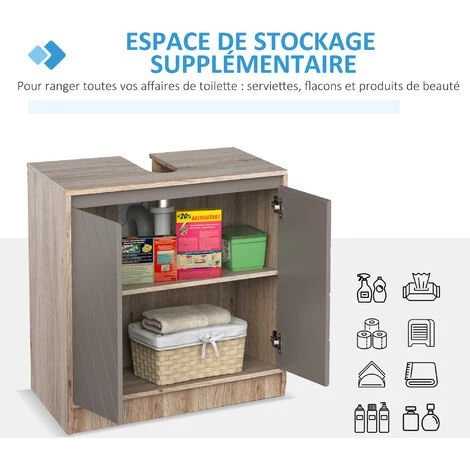 HOMCOM Meuble Salle De Bain - Meuble Sous-vasque - Placard 2 Portes Avec étagère - Dim. 60L X 30l X 59H Cm - Panneaux Particules Chêne Clair Gris 6 HOMCOM Meuble Salle De Bain - Meuble Sous-vasque - Placard 2 Portes Avec étagère - Dim. 60L X 30l X 59H Cm - Panneaux Particules Chêne Clair Gris – Image 4