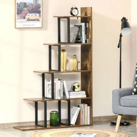 HOMCOM Étagère Bibliothèque Séparateur De Pièce Style Industriel En Escalier 5 étagères Dim. 102L X 30l X 160H Cm Acier Noir Panneaux Particules Aspect Vieux Bois Chêne 4 HOMCOM Étagère Bibliothèque Séparateur De Pièce Style Industriel En Escalier 5 étagères Dim. 102L X 30l X 160H Cm Acier Noir Panneaux Particules Aspect Vieux Bois Chêne – Image 2