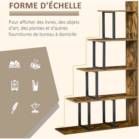 HOMCOM Étagère Bibliothèque Séparateur De Pièce Style Industriel En Escalier 5 étagères Dim. 102L X 30l X 160H Cm Acier Noir Panneaux Particules Aspect Vieux Bois Chêne 6 HOMCOM Étagère Bibliothèque Séparateur De Pièce Style Industriel En Escalier 5 étagères Dim. 102L X 30l X 160H Cm Acier Noir Panneaux Particules Aspect Vieux Bois Chêne – Image 4