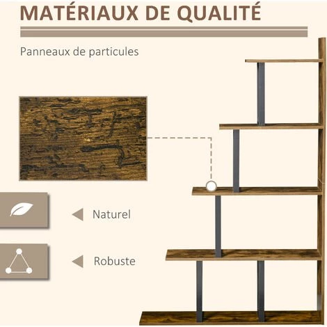 HOMCOM Étagère Bibliothèque Séparateur De Pièce Style Industriel En Escalier 5 étagères Dim. 102L X 30l X 160H Cm Acier Noir Panneaux Particules Aspect Vieux Bois Chêne 7 HOMCOM Étagère Bibliothèque Séparateur De Pièce Style Industriel En Escalier 5 étagères Dim. 102L X 30l X 160H Cm Acier Noir Panneaux Particules Aspect Vieux Bois Chêne – Image 5