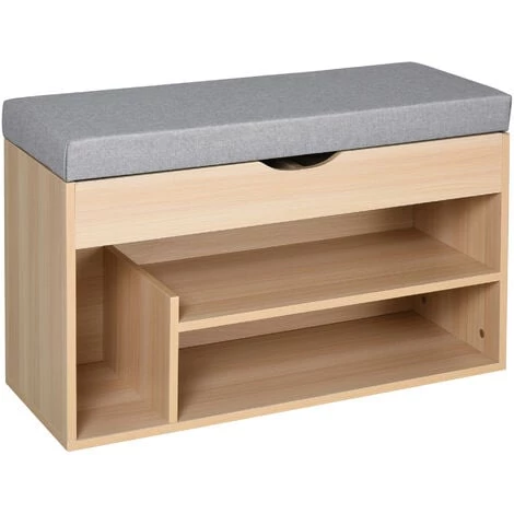 HOMCOM Meuble Chaussures Banc à Chaussures 2 Niveaux Rangement, Niche + Coffre Intégré Avec Coussin Beige Gris - Beige 3 HOMCOM Meuble Chaussures Banc à Chaussures 2 Niveaux Rangement, Niche + Coffre Intégré Avec Coussin Beige Gris - Beige