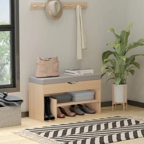 HOMCOM Meuble Chaussures Banc à Chaussures 2 Niveaux Rangement, Niche + Coffre Intégré Avec Coussin Beige Gris - Beige 4 HOMCOM Meuble Chaussures Banc à Chaussures 2 Niveaux Rangement, Niche + Coffre Intégré Avec Coussin Beige Gris - Beige – Image 2