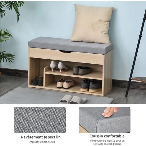 HOMCOM Meuble Chaussures Banc à Chaussures 2 Niveaux Rangement, Niche + Coffre Intégré Avec Coussin Beige Gris - Beige 6 HOMCOM Meuble Chaussures Banc à Chaussures 2 Niveaux Rangement, Niche + Coffre Intégré Avec Coussin Beige Gris - Beige – Image 4