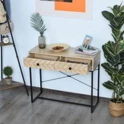 HOMCOM Table Console Industriel 2 Tiroirs Bois Naturel Pieds Métal Dim. 90 X 35 X 76 Cm - Bois Naturel 10 HOMCOM Table Console Industriel 2 Tiroirs Bois Naturel Pieds Métal Dim. 90 X 35 X 76 Cm - Bois Naturel -France HOMCOM Soldes 2022 25008111 4