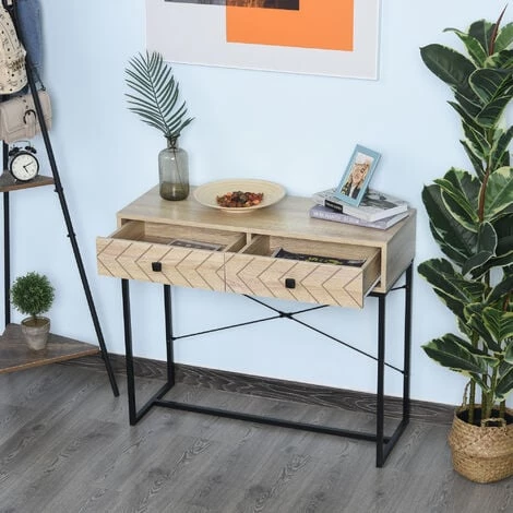 HOMCOM Table Console Industriel 2 Tiroirs Bois Naturel Pieds Métal Dim. 90 X 35 X 76 Cm - Bois Naturel 6 HOMCOM Table Console Industriel 2 Tiroirs Bois Naturel Pieds Métal Dim. 90 X 35 X 76 Cm - Bois Naturel – Image 4