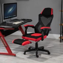 HOMCOM HOMCOM Fauteuil Gaming Chaise Gamer Dossier Et Hauteur Réglable Roulettes Pivotantes Repose-pied Tissu Maille Rouge Noir -France HOMCOM Soldes 2022 25008362 4