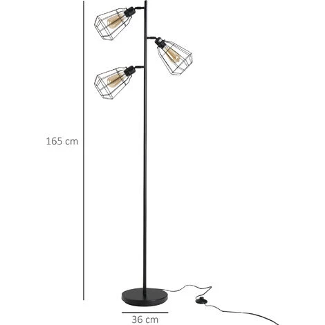 HOMCOM Lampadaire Design Industriel 3 Ampoules Max. 40 W Abat-jour Cage Métal Noir - Noir 5 HOMCOM Lampadaire Design Industriel 3 Ampoules Max. 40 W Abat-jour Cage Métal Noir - Noir – Image 3