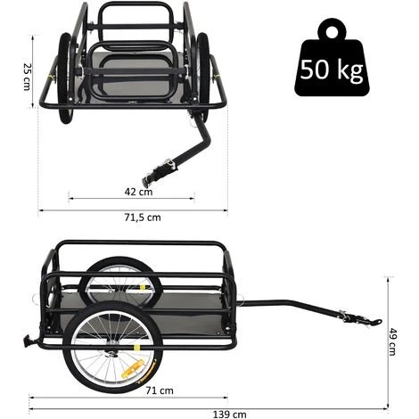 HOMCOM Remorque Vélo Remorque De Transport Pour Vélo Pliable 70L 139L X 71,5l X 49H Cm Barre D'attelage Universelle Acier Noir 5 HOMCOM Remorque Vélo Remorque De Transport Pour Vélo Pliable 70L 139L X 71,5l X 49H Cm Barre D'attelage Universelle Acier Noir – Image 3