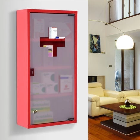 HOMCOM Armoire à Pharmacie 3 étagères 4 Niveaux Verrouillable Porte Verre Trempé Dépoli Logo Croix 30L X 12l X 60H Cm Acier Inox Rouge - Rouge 4 HOMCOM Armoire à Pharmacie 3 étagères 4 Niveaux Verrouillable Porte Verre Trempé Dépoli Logo Croix 30L X 12l X 60H Cm Acier Inox Rouge - Rouge – Image 2