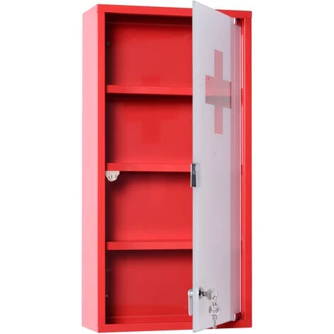 HOMCOM Armoire à Pharmacie 3 étagères 4 Niveaux Verrouillable Porte Verre Trempé Dépoli Logo Croix 30L X 12l X 60H Cm Acier Inox Rouge - Rouge 6 HOMCOM Armoire à Pharmacie 3 étagères 4 Niveaux Verrouillable Porte Verre Trempé Dépoli Logo Croix 30L X 12l X 60H Cm Acier Inox Rouge - Rouge – Image 4