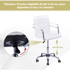 HOMCOM Chaise De Bureau Fauteuil Manager Pivotant Hauteur Réglable Revêtement Synthétique Capitonné Blanc - Blanc -France HOMCOM Soldes 2022 25008667 4