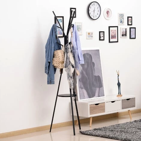 HOMCOM Porte-manteau Trépied Design Contemporain Branches étagère + 9 Patères Dim. 45L X 45l X 180H Cm Métal Noir - Noir 4 HOMCOM Porte-manteau Trépied Design Contemporain Branches étagère + 9 Patères Dim. 45L X 45l X 180H Cm Métal Noir - Noir – Image 2