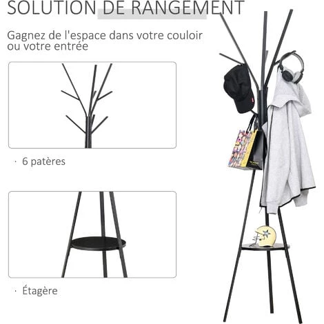 HOMCOM Porte-manteau Trépied Design Contemporain Branches étagère + 9 Patères Dim. 45L X 45l X 180H Cm Métal Noir - Noir 7 HOMCOM Porte-manteau Trépied Design Contemporain Branches étagère + 9 Patères Dim. 45L X 45l X 180H Cm Métal Noir - Noir – Image 5