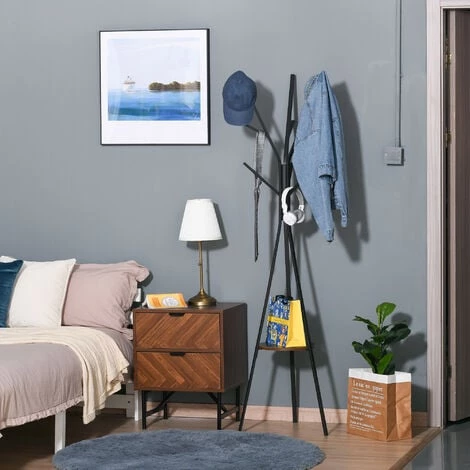 HOMCOM Porte-manteau Trépied Design Contemporain Branches étagère + 9 Patères Dim. 45L X 45l X 180H Cm Métal Marron - Marron 4 HOMCOM Porte-manteau Trépied Design Contemporain Branches étagère + 9 Patères Dim. 45L X 45l X 180H Cm Métal Marron - Marron – Image 2
