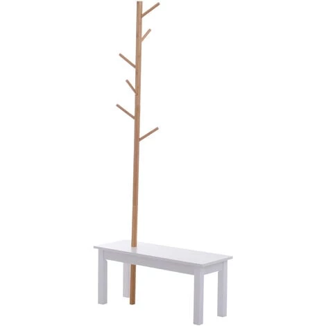 HOMCOM Banc Porte-manteaux 2 En 1 Design Contemporain Cosy Dim. 80L X 30l X 180H Cm MDF Blanc Bois Massif Bambou - Blanc 4 HOMCOM Banc Porte-manteaux 2 En 1 Design Contemporain Cosy Dim. 80L X 30l X 180H Cm MDF Blanc Bois Massif Bambou - Blanc – Image 2