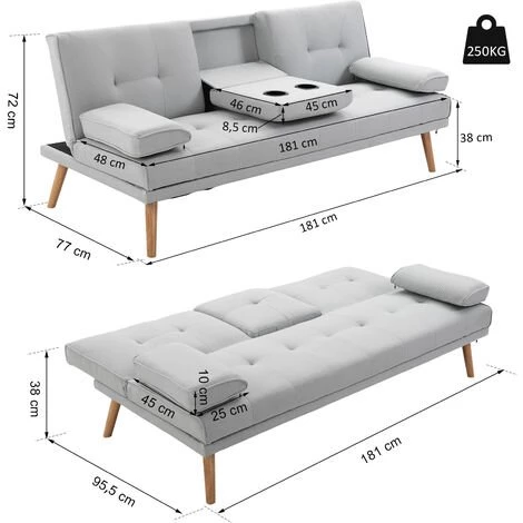 HOMCOM Canapé Convertible 3 Places Design Scandinave Inclinaison Dossier Réglable 3 Niveaux Dossier Central Rabattable 2 Porte-verres Bois Massif Lin Gris Clair - Gris Clair 5 HOMCOM Canapé Convertible 3 Places Design Scandinave Inclinaison Dossier Réglable 3 Niveaux Dossier Central Rabattable 2 Porte-verres Bois Massif Lin Gris Clair - Gris Clair – Image 3