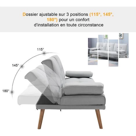 HOMCOM Canapé Convertible 3 Places Design Scandinave Inclinaison Dossier Réglable 3 Niveaux Dossier Central Rabattable 2 Porte-verres Bois Massif Lin Gris Clair - Gris Clair 6 HOMCOM Canapé Convertible 3 Places Design Scandinave Inclinaison Dossier Réglable 3 Niveaux Dossier Central Rabattable 2 Porte-verres Bois Massif Lin Gris Clair - Gris Clair – Image 4