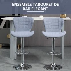 HOMCOM Lot De 2 Tabouret De Bar Design Contemporain Hauteur D'assise Réglable 59-81 Cm Pivotant 360° Lin Gris - Gris -France HOMCOM Soldes 2022 25008949 5