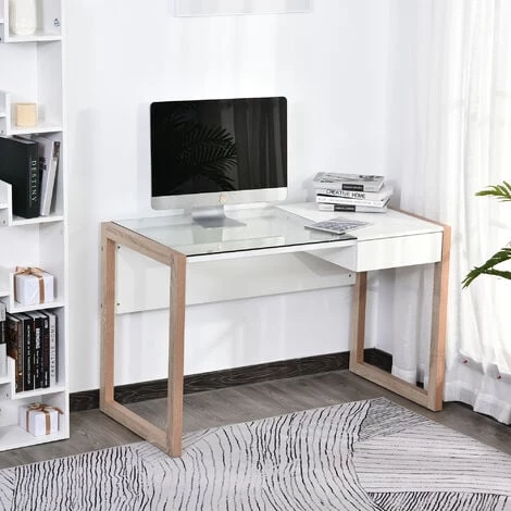 HOMCOM Bureau Informatique Table De Travail Ordinateur Avec Grand Plateau En Verre Trempé Et Tiroir Intégré Idéal Pour Bureau Chambre 120 X 60 X 75 Cm Blanc Et Bois 4 HOMCOM Bureau Informatique Table De Travail Ordinateur Avec Grand Plateau En Verre Trempé Et Tiroir Intégré Idéal Pour Bureau Chambre 120 X 60 X 75 Cm Blanc Et Bois – Image 2