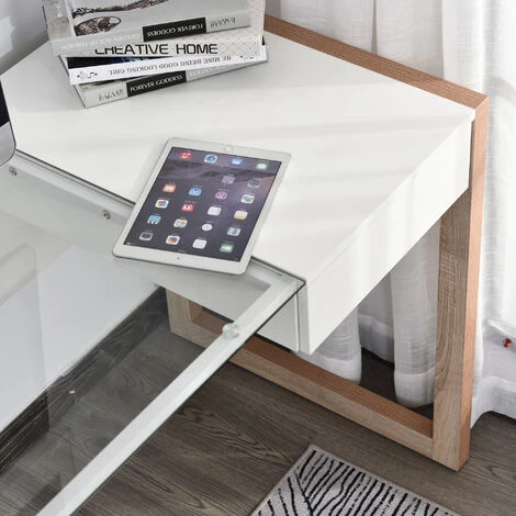 HOMCOM Bureau Informatique Table De Travail Ordinateur Avec Grand Plateau En Verre Trempé Et Tiroir Intégré Idéal Pour Bureau Chambre 120 X 60 X 75 Cm Blanc Et Bois 6 HOMCOM Bureau Informatique Table De Travail Ordinateur Avec Grand Plateau En Verre Trempé Et Tiroir Intégré Idéal Pour Bureau Chambre 120 X 60 X 75 Cm Blanc Et Bois – Image 4