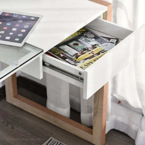 HOMCOM Bureau Informatique Table De Travail Ordinateur Avec Grand Plateau En Verre Trempé Et Tiroir Intégré Idéal Pour Bureau Chambre 120 X 60 X 75 Cm Blanc Et Bois 7 HOMCOM Bureau Informatique Table De Travail Ordinateur Avec Grand Plateau En Verre Trempé Et Tiroir Intégré Idéal Pour Bureau Chambre 120 X 60 X 75 Cm Blanc Et Bois – Image 5