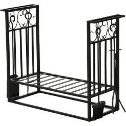 HOMCOM Serviteur De Cheminée - Porte Bûches - Range Bûches Multi Accessoires étagère 75L X 30l X 60H Cm Acier Noir
