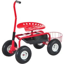 HOMCOM 2 En 1 Tabouret Pivotant Chariot Mobile De Jardin Charge Max. 150 Kg Rouge Et Noir