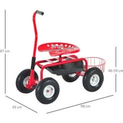 HOMCOM 2 En 1 Tabouret Pivotant Chariot Mobile De Jardin Charge Max. 150 Kg Rouge Et Noir -France HOMCOM Soldes 2022 25009049 3