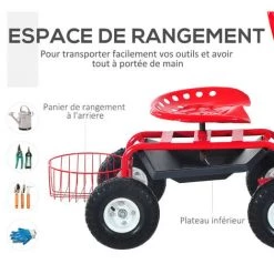 HOMCOM 2 En 1 Tabouret Pivotant Chariot Mobile De Jardin Charge Max. 150 Kg Rouge Et Noir -France HOMCOM Soldes 2022 25009049 4