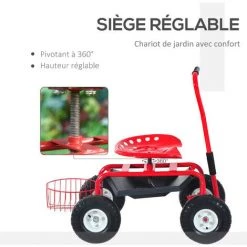 HOMCOM 2 En 1 Tabouret Pivotant Chariot Mobile De Jardin Charge Max. 150 Kg Rouge Et Noir -France HOMCOM Soldes 2022 25009049 5