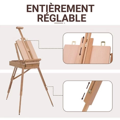 HOMCOM Chevalet D'artiste Sur Pieds Pliable Mallette De Peinture Chevalet Avec Rangement Hauteur Réglable Bois De Hêtre Clair - Marron 7 HOMCOM Chevalet D'artiste Sur Pieds Pliable Mallette De Peinture Chevalet Avec Rangement Hauteur Réglable Bois De Hêtre Clair - Marron – Image 5