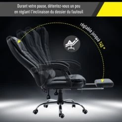 HOMCOM Fauteuil De Bureau Fauteuil Manager Grand Confort Dossier Inclinable Roulettes P.U 65 X 69 X 127 Cm Noir -France HOMCOM Soldes 2022 25009218 5