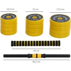 HOMCOM Ensemble D'haltères Courtes Ou Longues 20 Kg - Barre D'extension Incluse - Musculation Réglable - Entraînement Musculaire & Haltérophilie - Jaune -France HOMCOM Soldes 2022 25009316 3