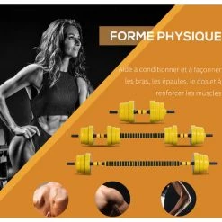 HOMCOM Ensemble D'haltères Courtes Ou Longues 20 Kg - Barre D'extension Incluse - Musculation Réglable - Entraînement Musculaire & Haltérophilie - Jaune -France HOMCOM Soldes 2022 25009316 4