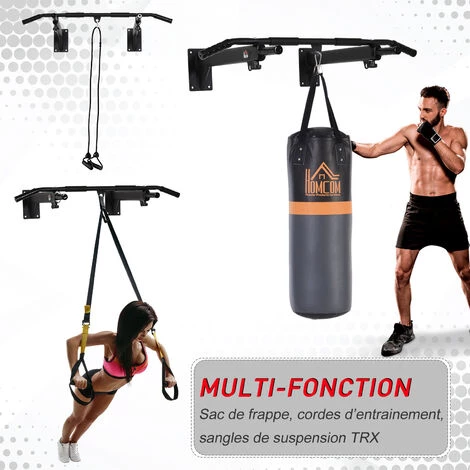 HOMCOM Barre De Traction Barre De Fitness Fixation Murale Support Sac De Frappe Ou Sangles TRX Intégré Charge Max. 150 Kg Acier Noir - Noir 6 HOMCOM Barre De Traction Barre De Fitness Fixation Murale Support Sac De Frappe Ou Sangles TRX Intégré Charge Max. 150 Kg Acier Noir - Noir – Image 4