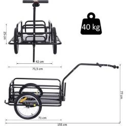 HOMCOM Remorque Vélo Remorque De Transport Pour Vélo 155L X 71,5l X 77H Cm Barre D'attelage Universelle Pliable Acier Noir - Noir -France HOMCOM Soldes 2022 25009366 3