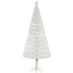 HOMCOM Sapin De Noël Artificiel Blanc Sapin Lumineux Fibre Optique + 220 LED Couleurs RVB 7 Modes Support Pied Inclus Ø 80 X 180H Cm 220 Branches étoile Sommet Brillante - Blanc
