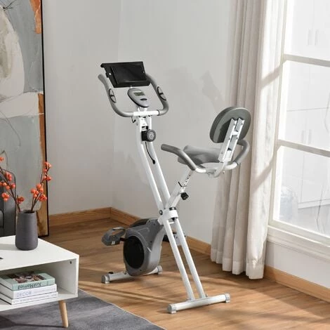 HOMCOM Vélo D'appartement Pliable Grand Confort Dossier Selle Réglable Poignées Ergonomiques écran LCD Multifonction Support Tablette Acier Blanc Gris 4 HOMCOM Vélo D'appartement Pliable Grand Confort Dossier Selle Réglable Poignées Ergonomiques écran LCD Multifonction Support Tablette Acier Blanc Gris – Image 2
