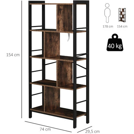 HOMCOM Bibliothèque, Étagère De Rangement à 4 Niveaux Style Industriel Panneaux Particules Aspect Vieux Bois Métal Noir 5 HOMCOM Bibliothèque, Étagère De Rangement à 4 Niveaux Style Industriel Panneaux Particules Aspect Vieux Bois Métal Noir – Image 3