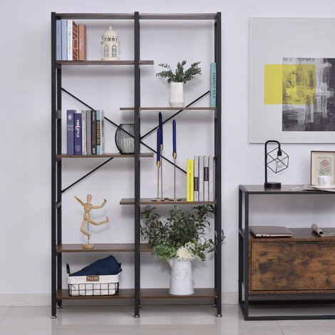 HOMCOM Étagère Bibliothèque Séparateur De Pièce Style Industriel En Escalier 6 étagères Panneaux Particules Aspect Vieux Bois Métal Noir - Marron 6 HOMCOM Étagère Bibliothèque Séparateur De Pièce Style Industriel En Escalier 6 étagères Panneaux Particules Aspect Vieux Bois Métal Noir - Marron – Image 4