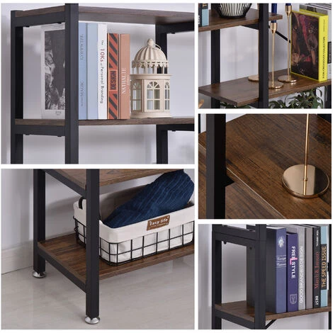HOMCOM Étagère Bibliothèque Séparateur De Pièce Style Industriel En Escalier 6 étagères Panneaux Particules Aspect Vieux Bois Métal Noir - Marron 7 HOMCOM Étagère Bibliothèque Séparateur De Pièce Style Industriel En Escalier 6 étagères Panneaux Particules Aspect Vieux Bois Métal Noir - Marron – Image 5