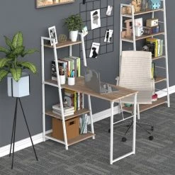 HOMCOM Bureau Pliable Rabattable - Bureau Bibliothèque 2 En 1 - 4 étagères - Imitation Bois Chêne Clair Métal Blanc - Beige -France HOMCOM Soldes 2022 25535751 2