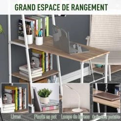 HOMCOM Bureau Pliable Rabattable - Bureau Bibliothèque 2 En 1 - 4 étagères - Imitation Bois Chêne Clair Métal Blanc - Beige -France HOMCOM Soldes 2022 25535751 4