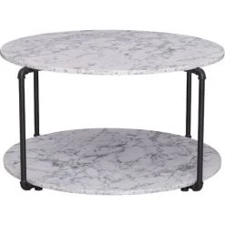 HOMCOM Table Basse Ronde Avec étagère Dim. Ø 80 X 45H Cm Panneaux Particules Imitation Marbre Blanc Métal Noir - Blanc
