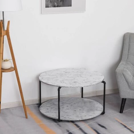 HOMCOM Table Basse Ronde Avec étagère Dim. Ø 80 X 45H Cm Panneaux Particules Imitation Marbre Blanc Métal Noir - Blanc 4 HOMCOM Table Basse Ronde Avec étagère Dim. Ø 80 X 45H Cm Panneaux Particules Imitation Marbre Blanc Métal Noir - Blanc – Image 2